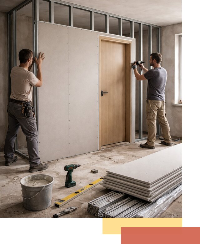 Перегородка из гипсокартона с дверью под ключ в Казани