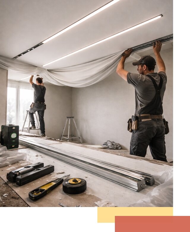 Монтаж натяжных потолков со световыми линиями в Казани