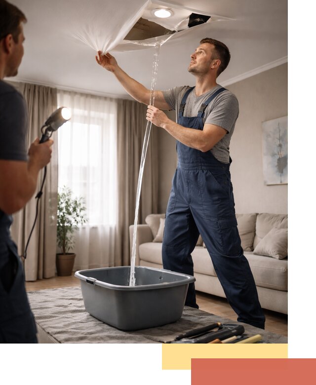 Слив воды с натяжного потолка в Казани быстро и аккуратно